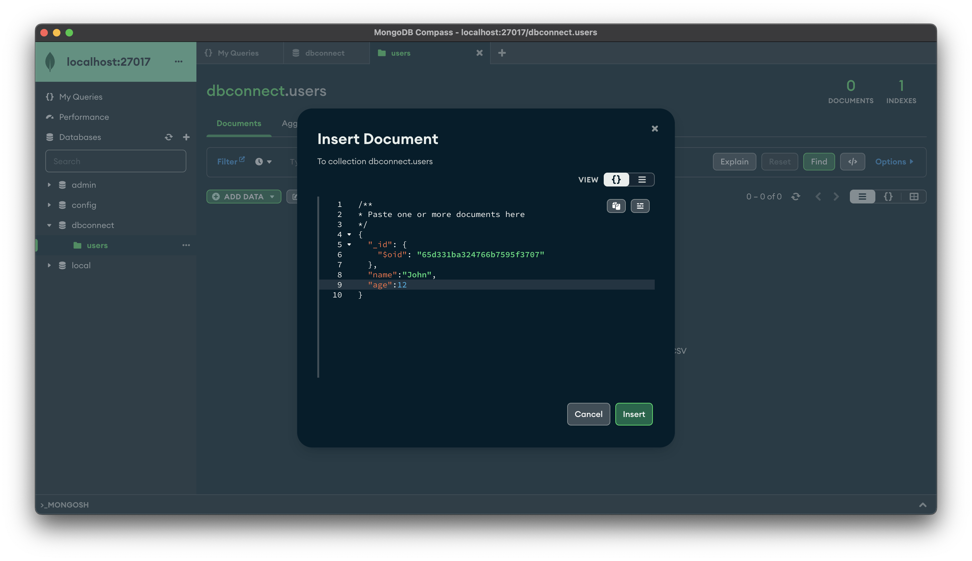 Creating json document from mongodb compass