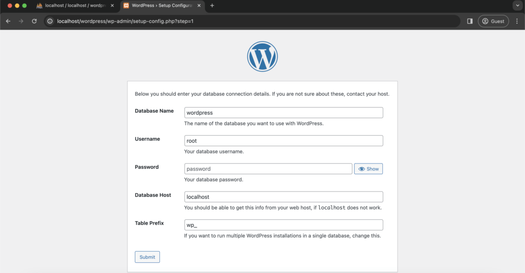 setup wordpress