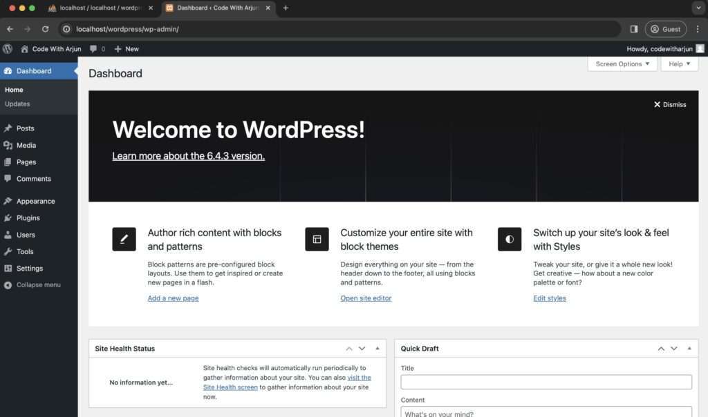 Welcome page Dashboard WordPress