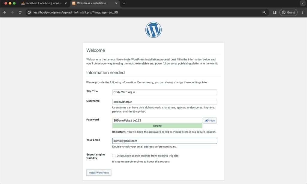 wordpress admin username/ password setup