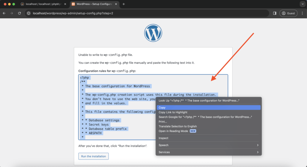 Copy configuration rules for wp-config.php: