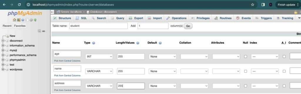 Add age, name and address columns in student table